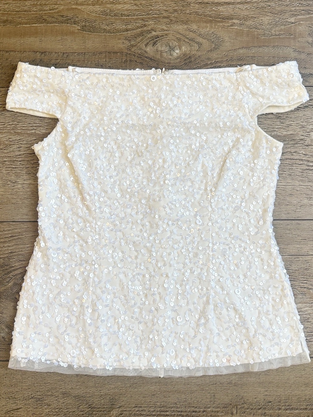 Vintage Adrianna Papell White Off the Shoulder Fitted Top w Mesh Sequin Overlay
